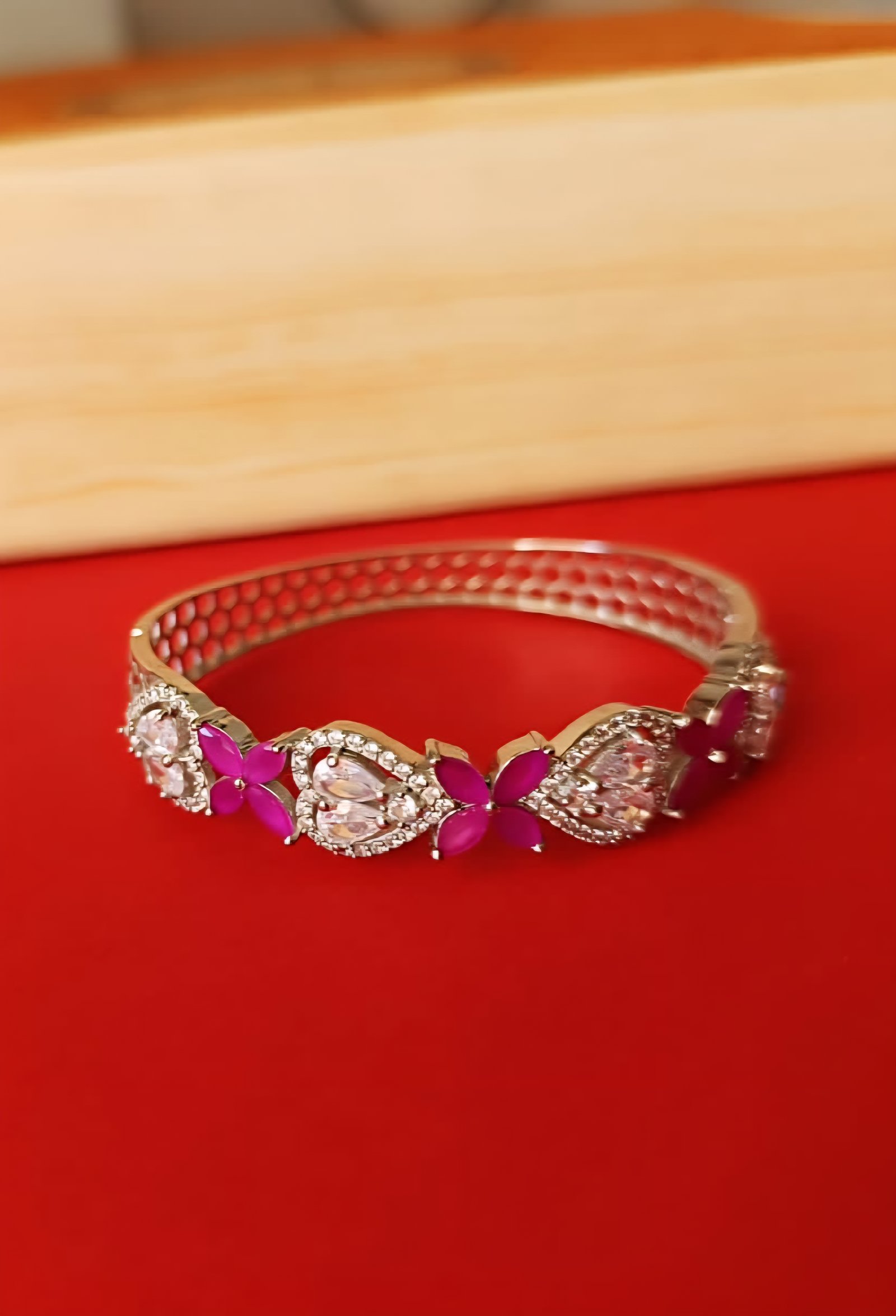 Premium cz stones with silver polish and pink stones with bangle modal bracelet