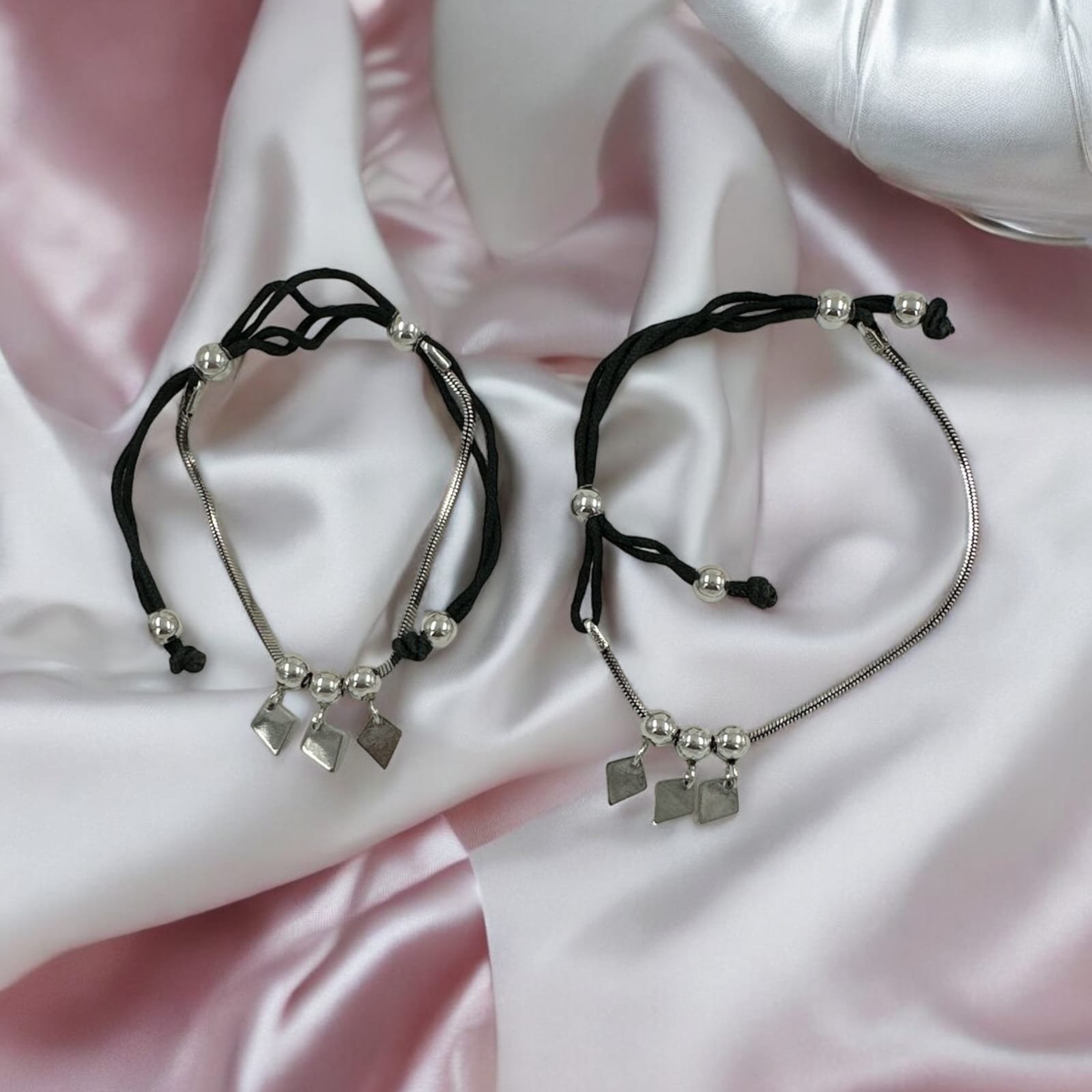 Anklet – Black Thread with Silver Balls & Diamond Shape Pendants