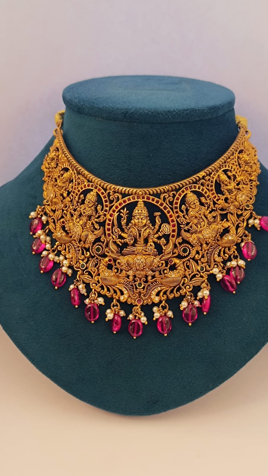 Antique polish Lakshmi design and cz stones with ruby stone hangings choker