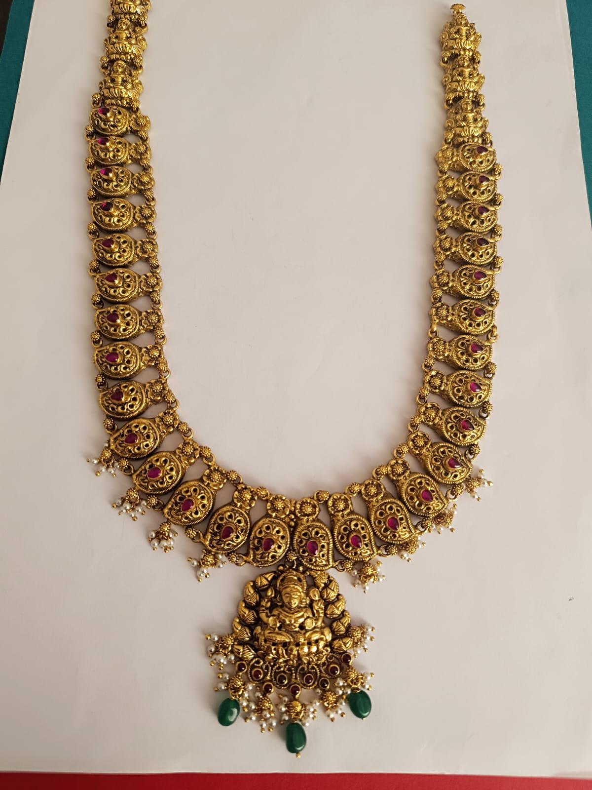 Antique polish pink stones and laxmi pendent with mango design  haram