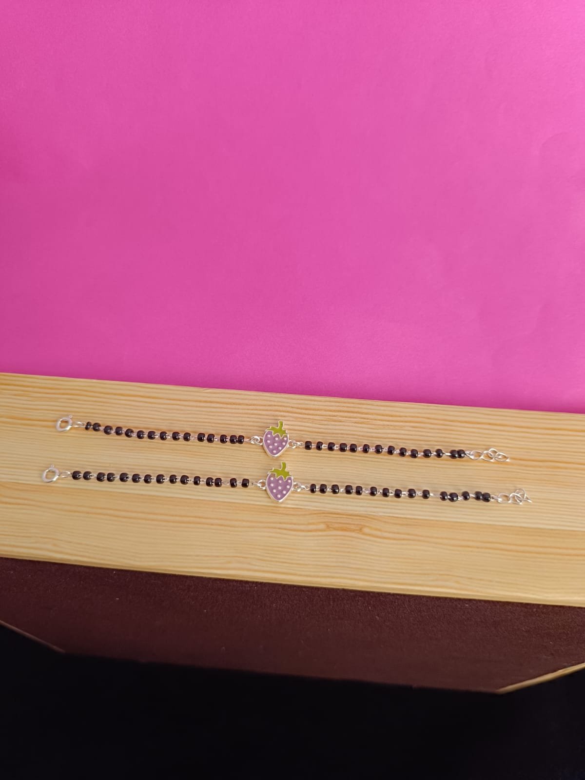 Baby Anklet – Black Beads with Green & Purple Leaf Design