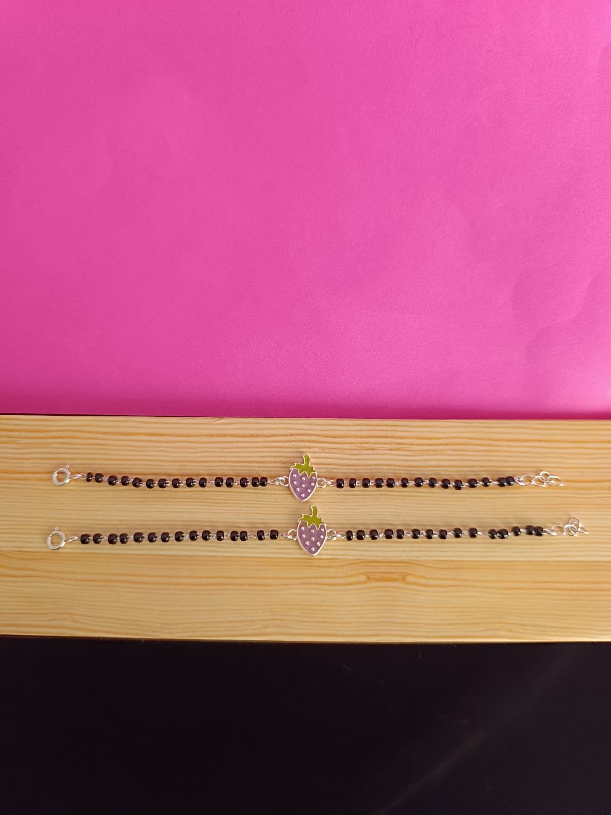 Baby Anklet – Black Beads with Green & Purple Leaf Design