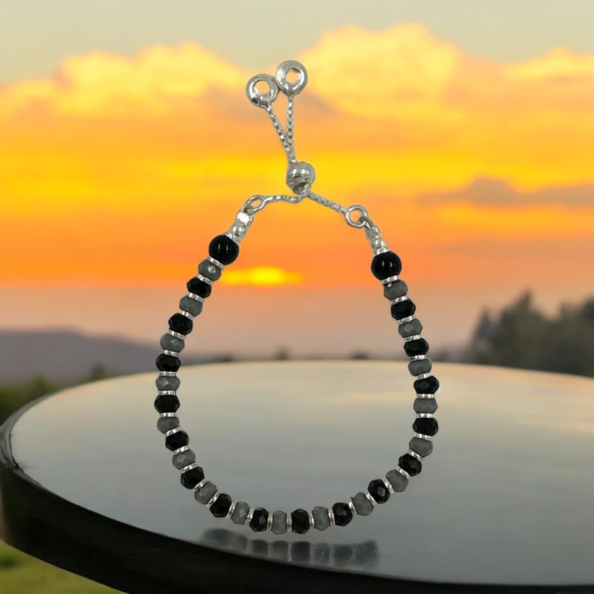 Baby Anklet – Black & Grey Beads with Silver Balls Hangings