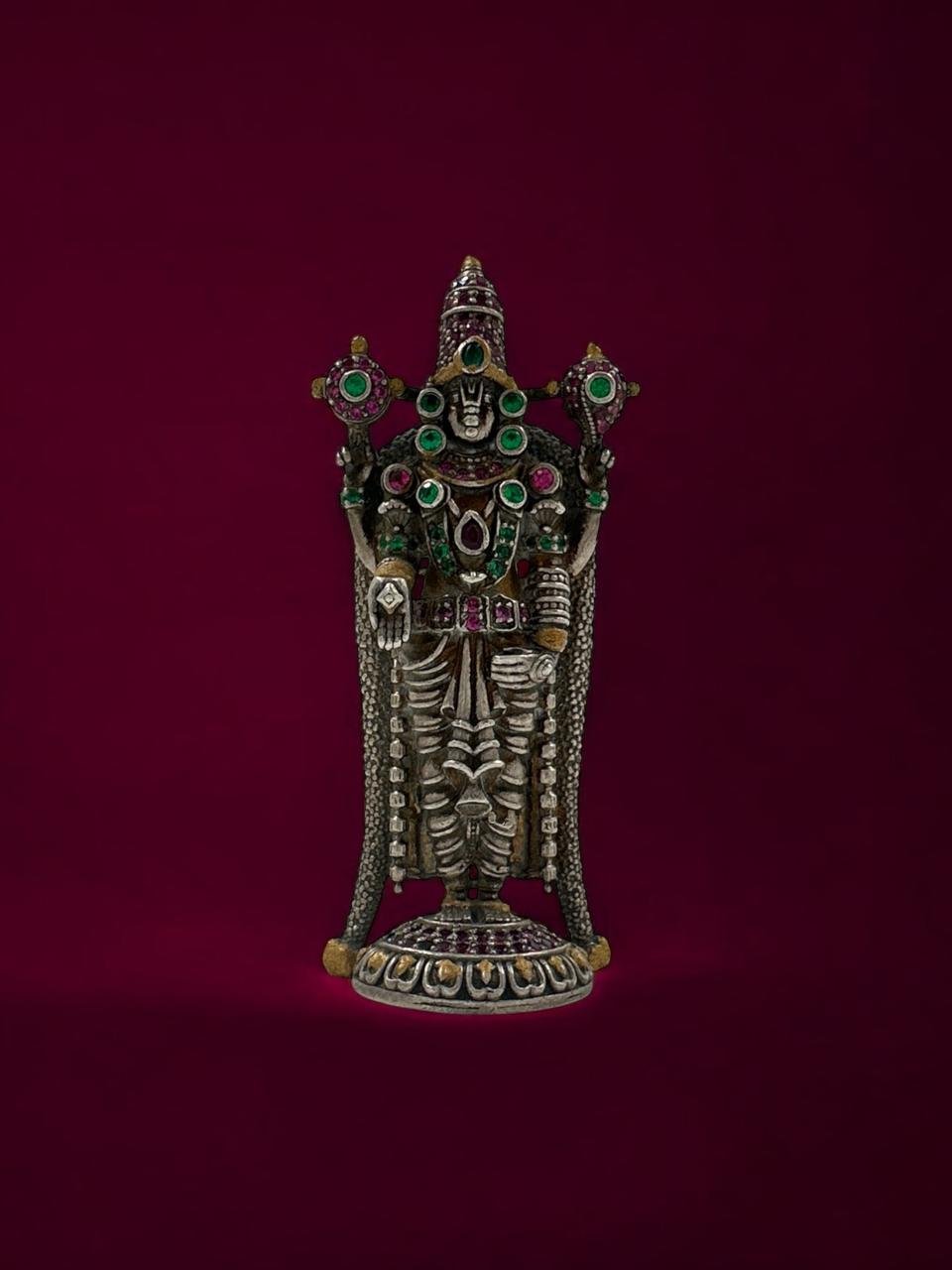 Balaji Idol – Antique & Gold Polish with Green & Pink Stones