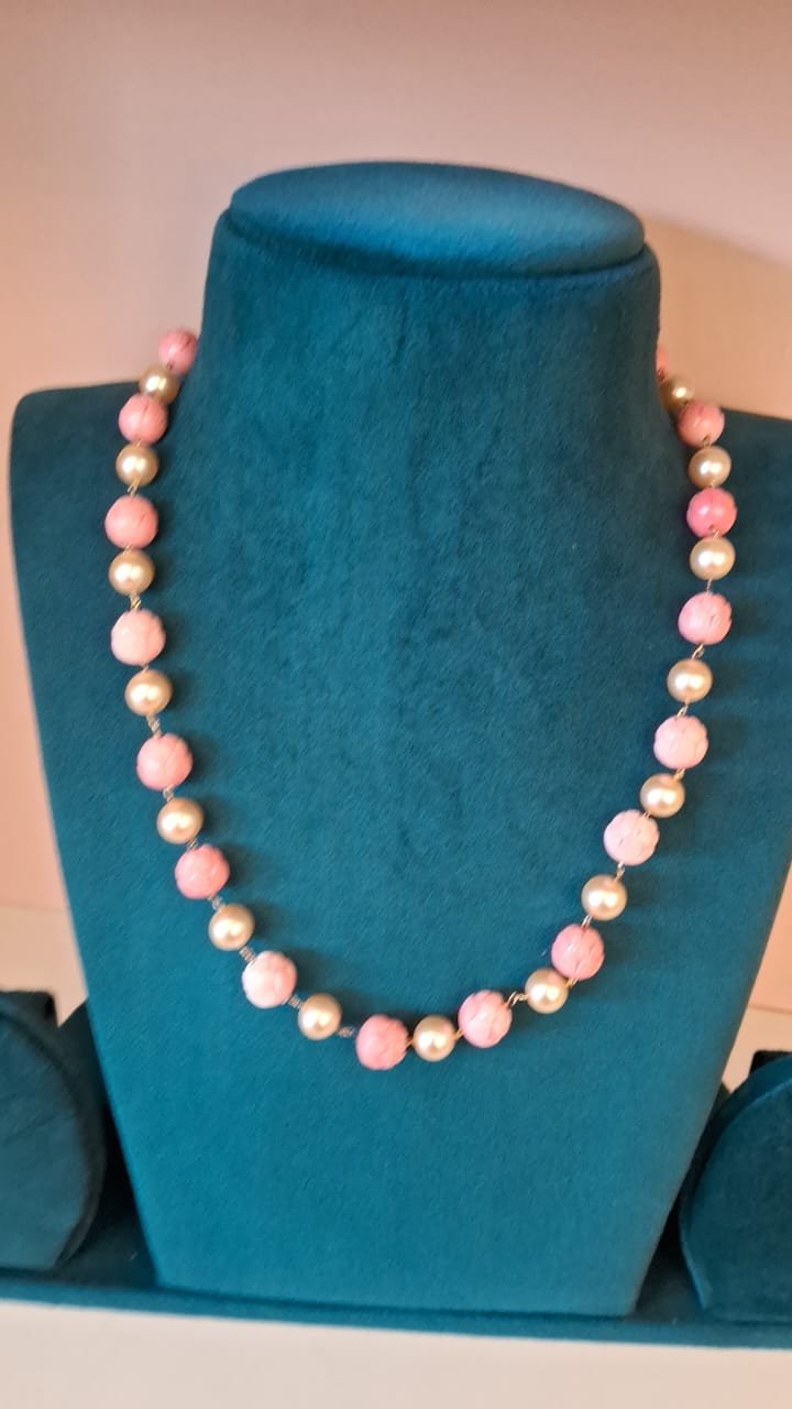 Big Coral Flower Design & Swarovski Pearls Gold Polish Beads Chain