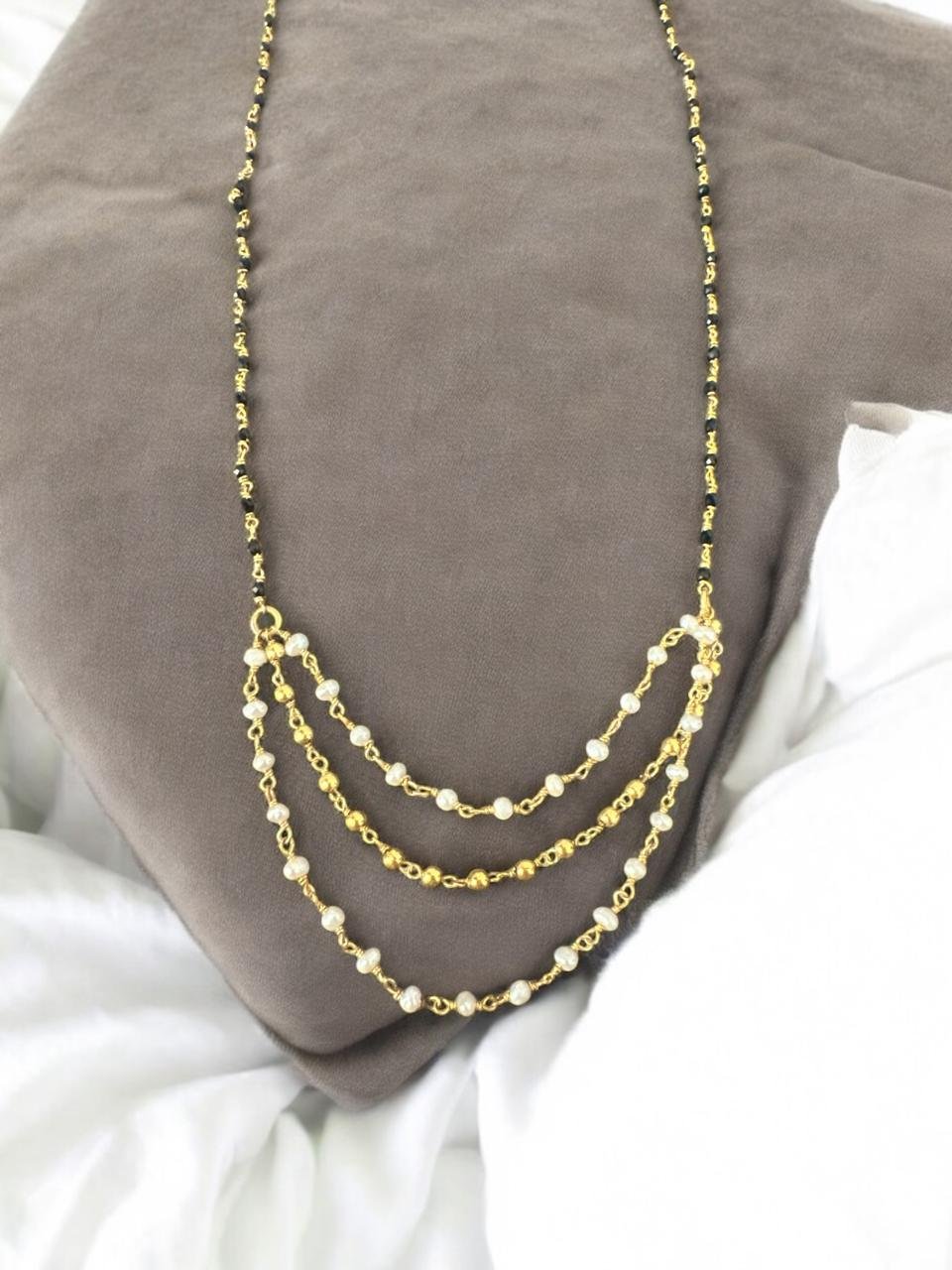 Black beads chain and  pearls and gold balls small size with gold polish