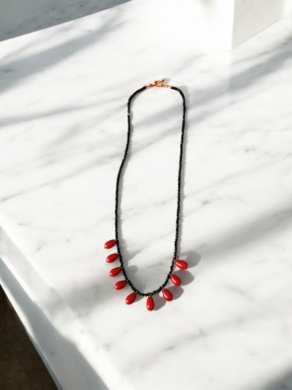 Black beads chain single line with corals pendent
