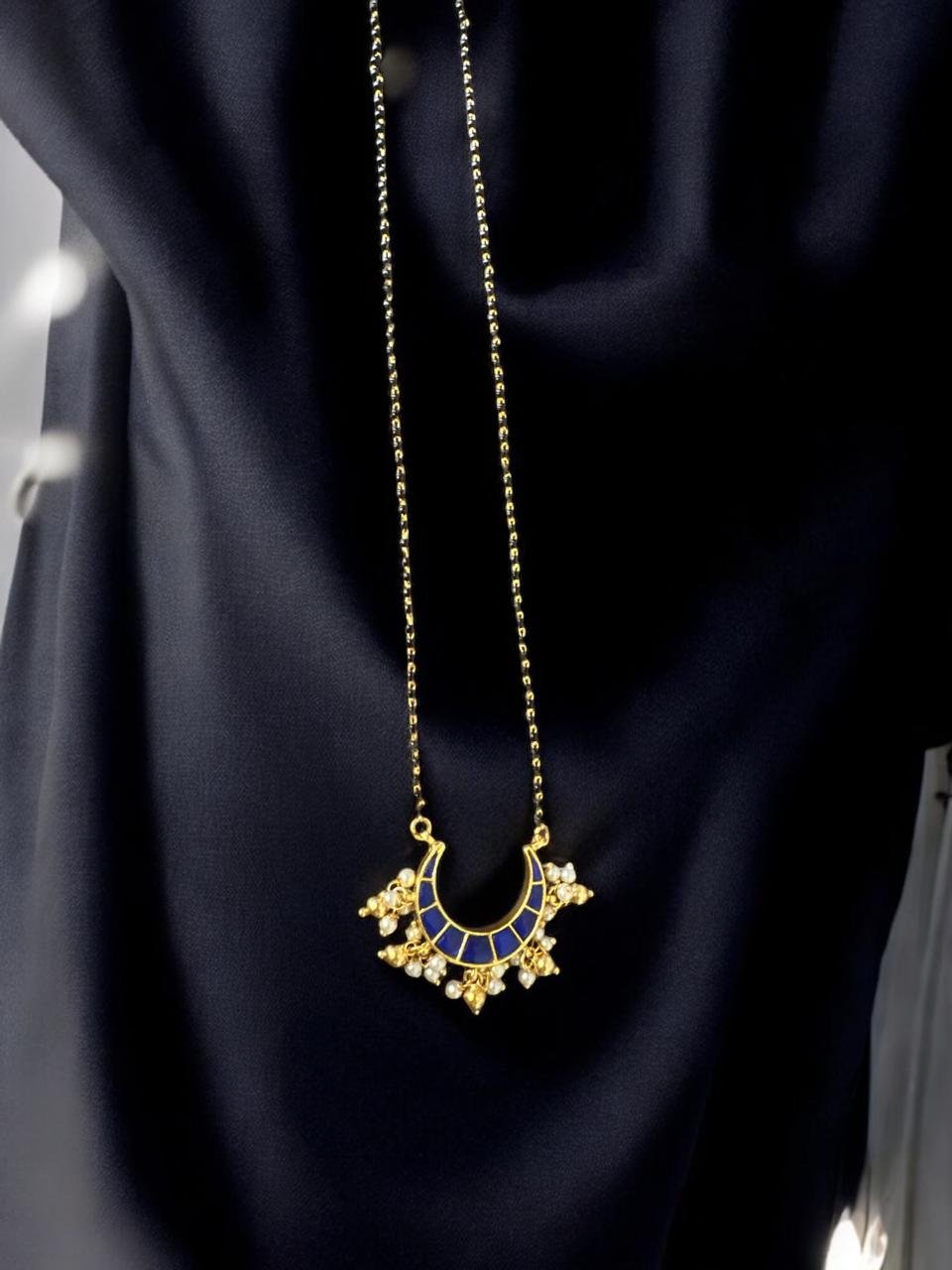 Black Beads Chain with Blue Stone Pendant