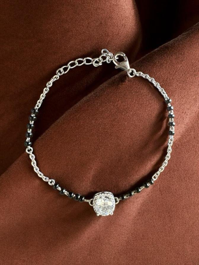 Black beeds chain  model silver polish  with  white stone bracelet