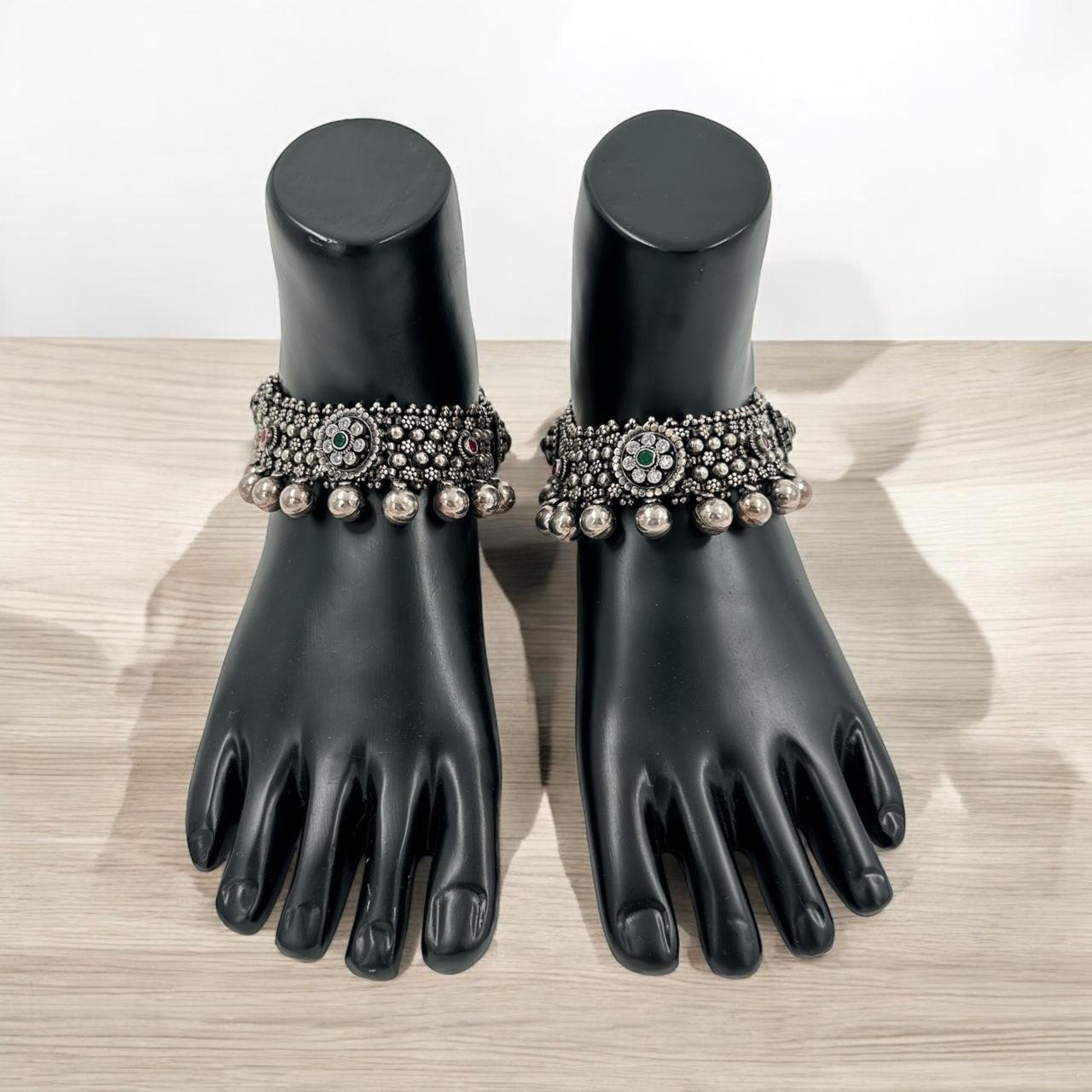 Bridal Braided Anklet – Oxidized Polish, Mozanite & Big Balls Hangings