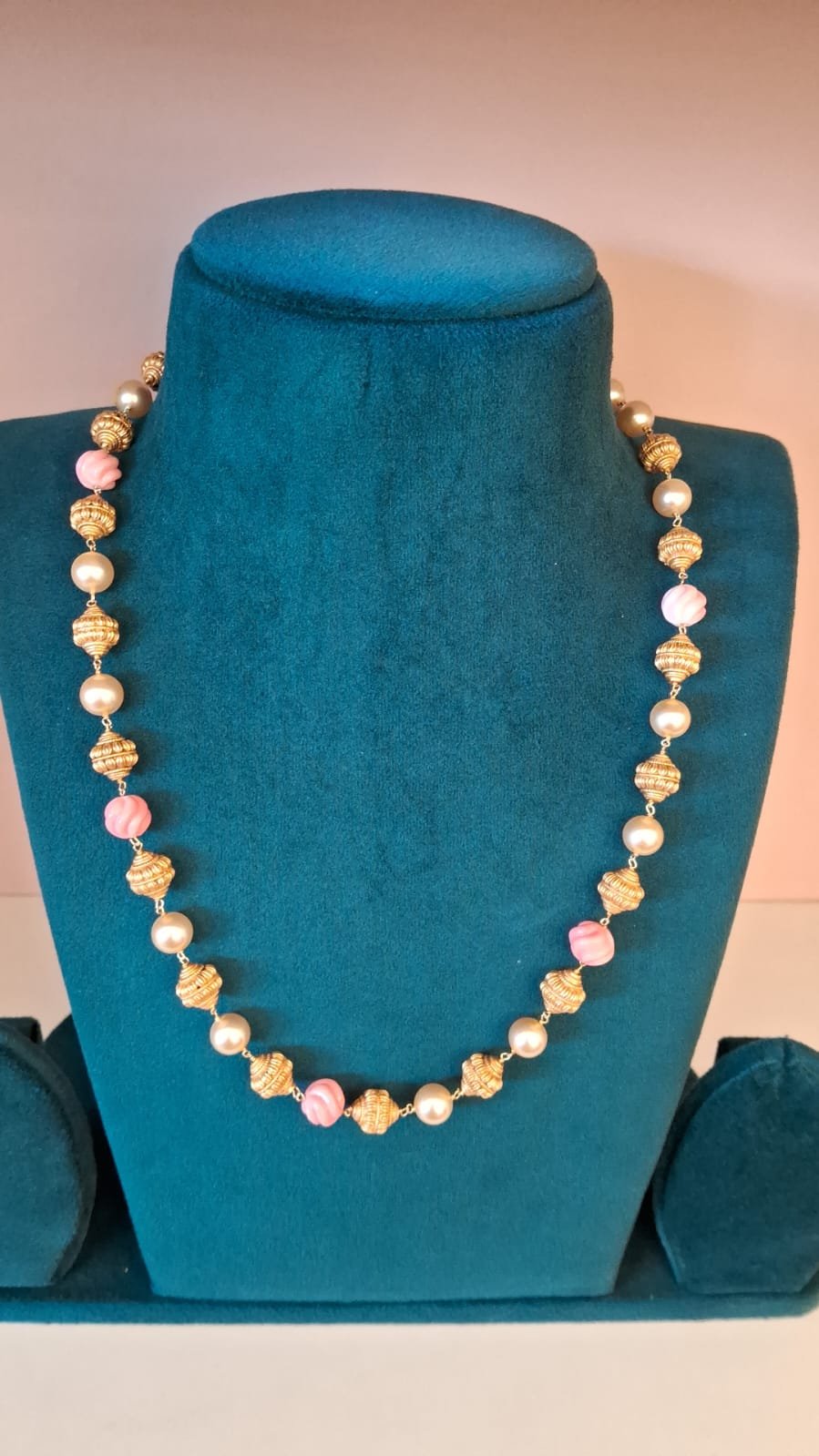 Coral Flower Design & Swarovski Pearls Gold Polish Beads Chain