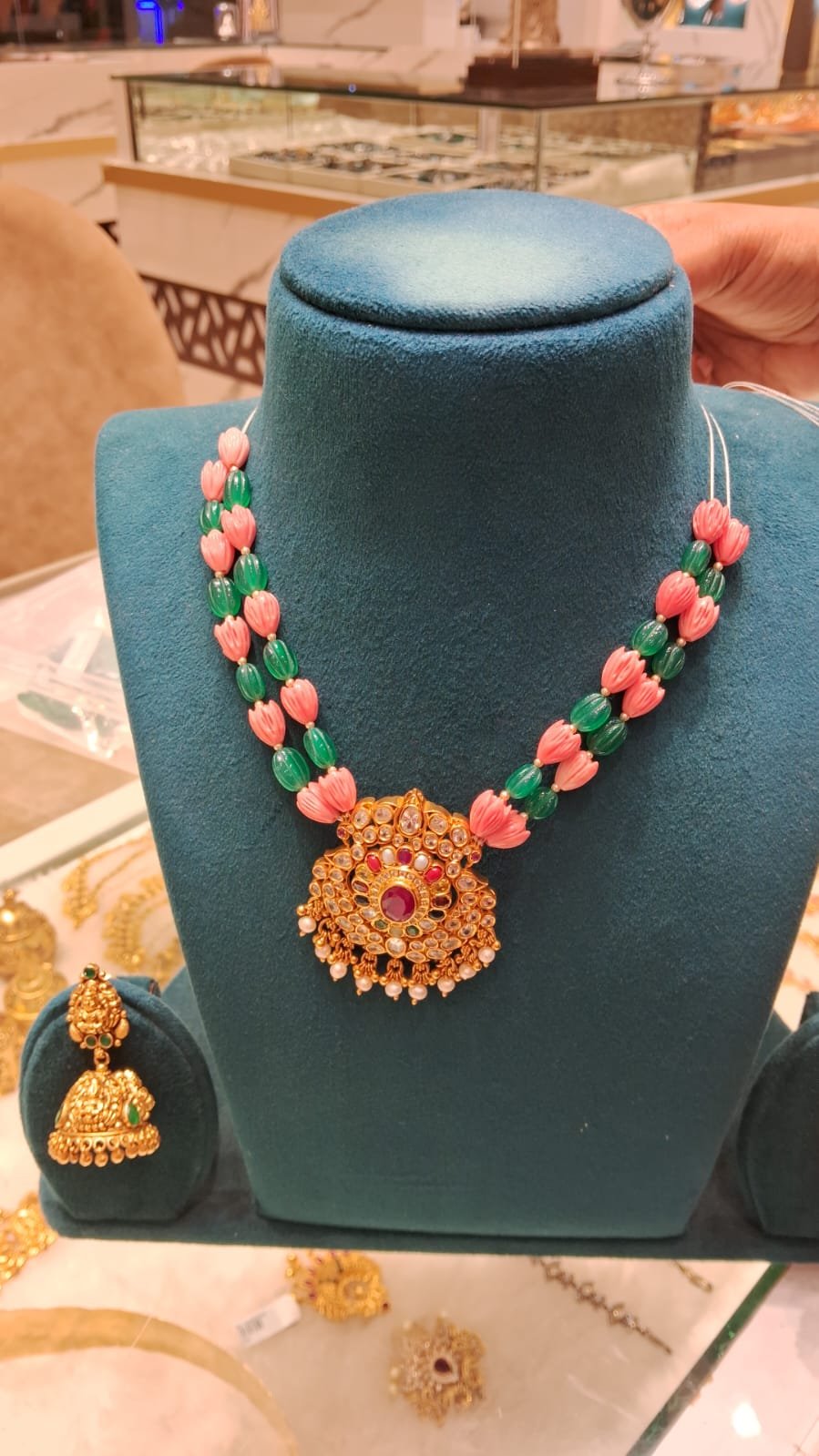 Coral Flower & Green Beads 2 Line Chain with Navratna & Moissanite Stones