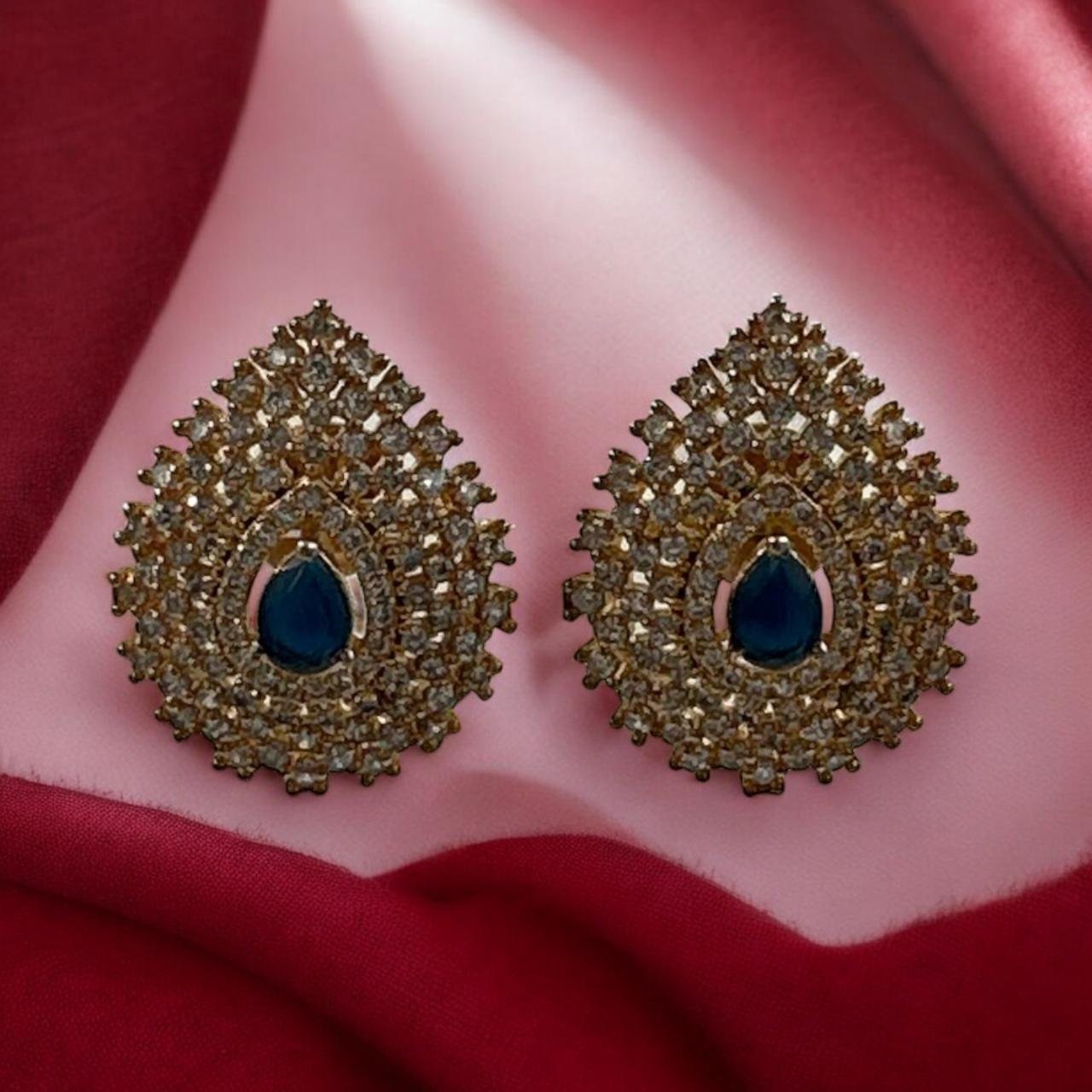 CZ & Dark Blue Stone Big Gold Studs