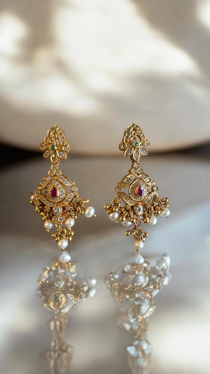 CZ Gold-Polish Earrings with Red & Green Stone Hangings