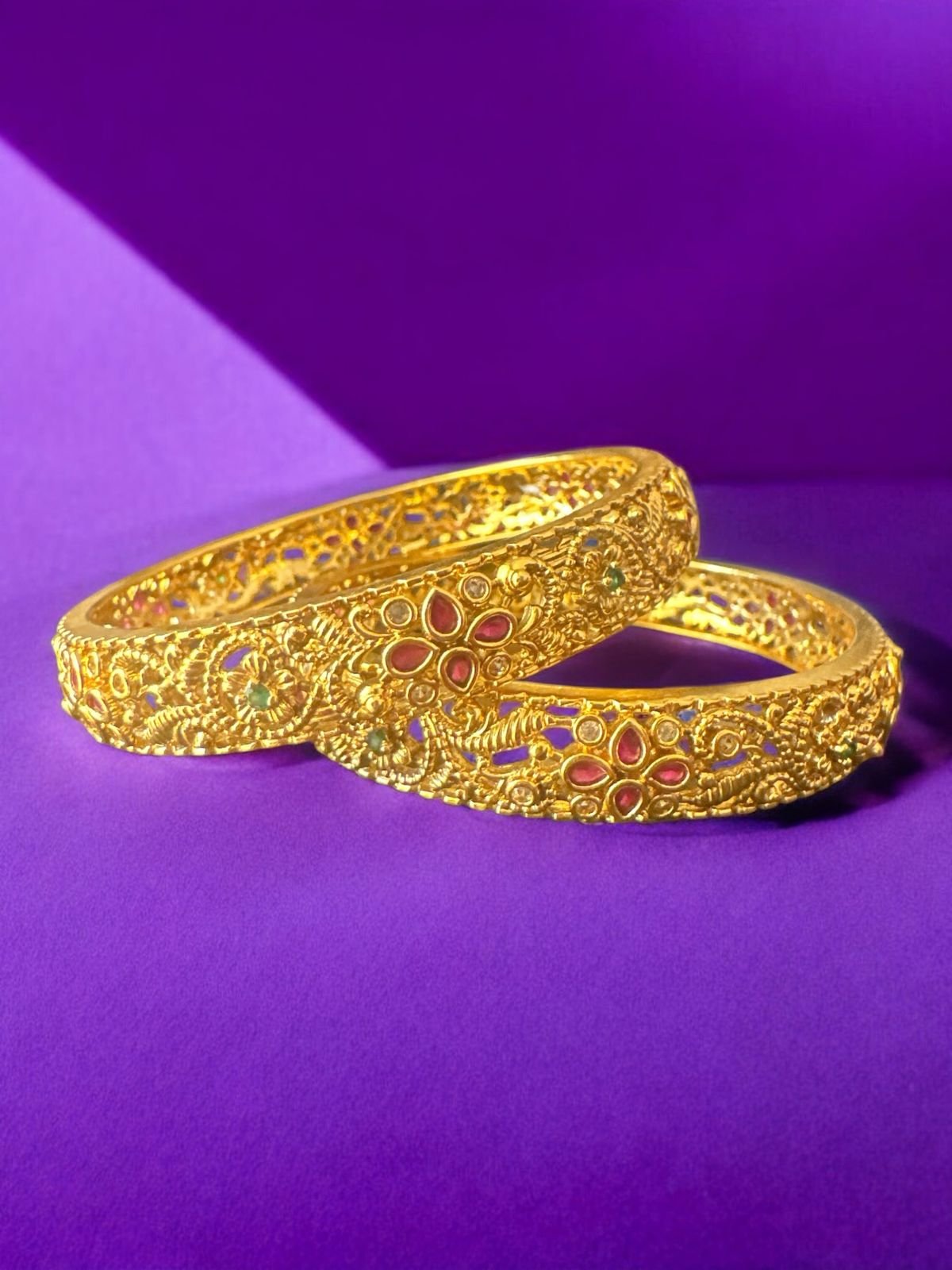 Cz Green and red stones Bangles  with gold polish