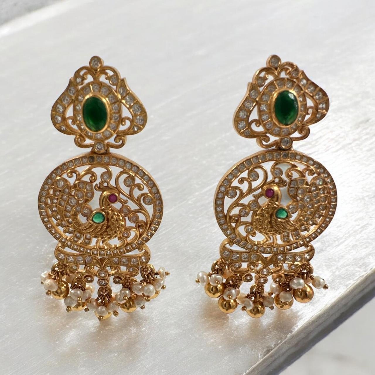 CZ, Green & Red Stone Peacock Hanging Earrings