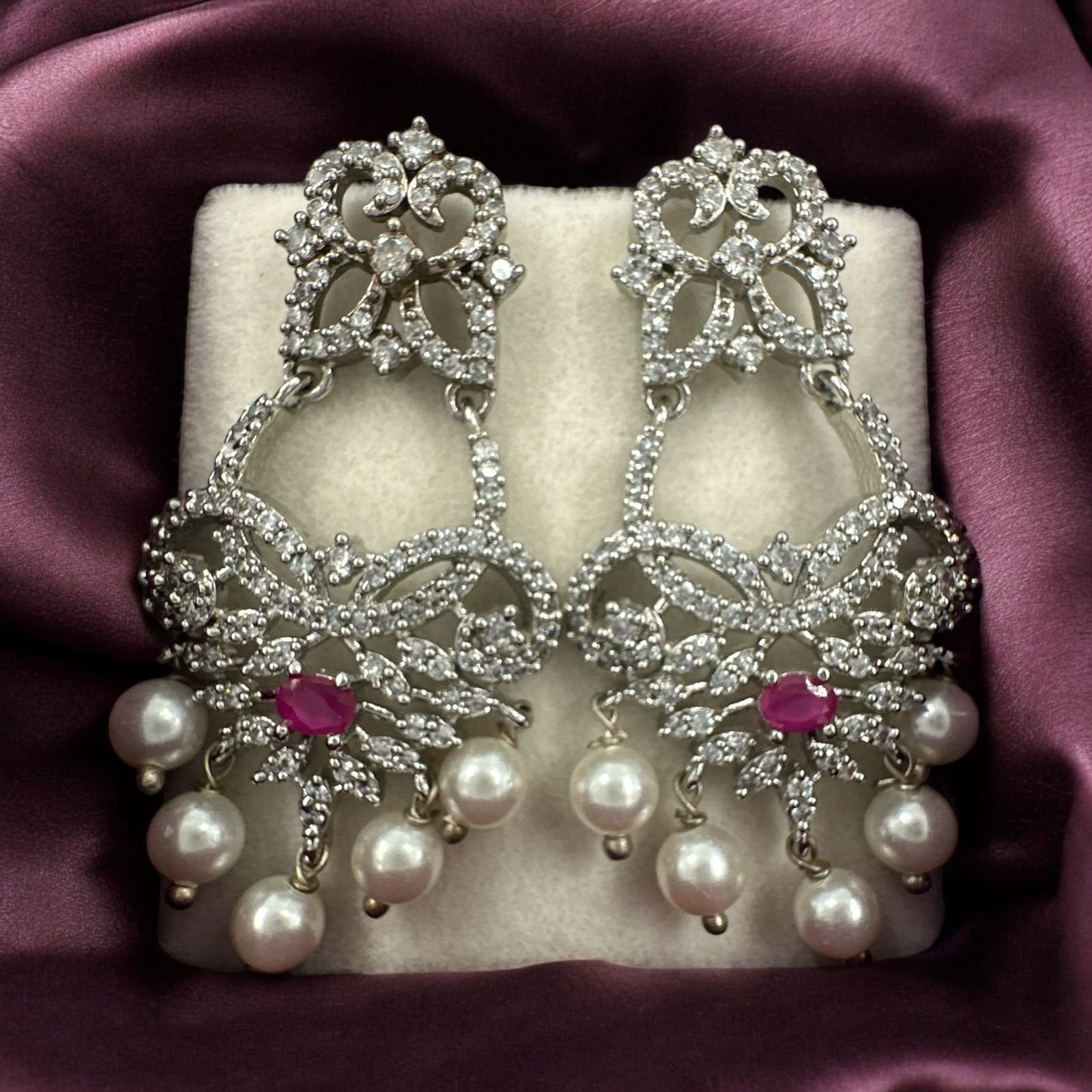 CZ Red Stone Pearl Hangings Ear Rings