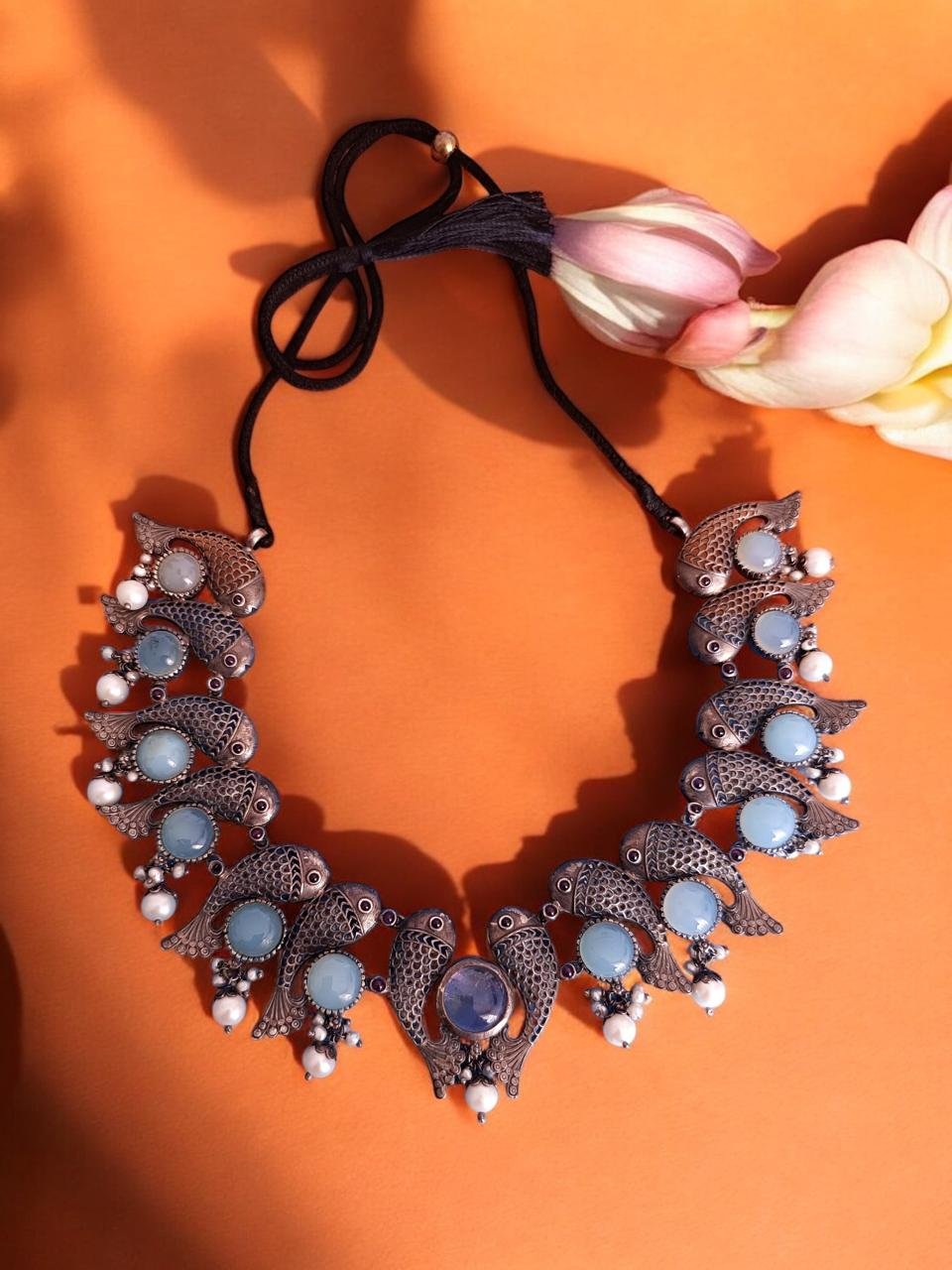 Fish Motif Red & Blue Stones Oxidized Necklace