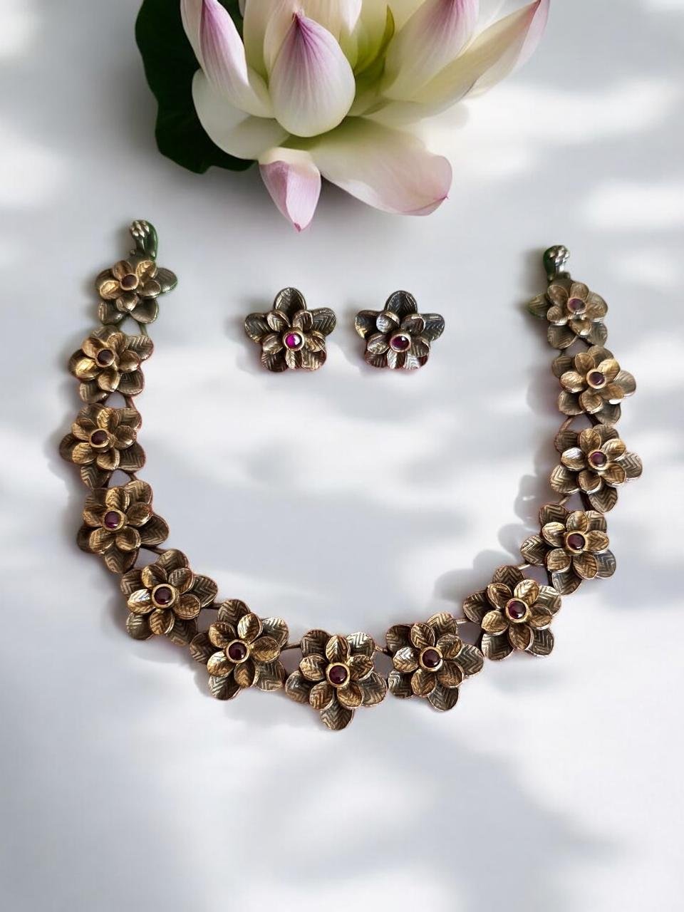 Floral Red Pota Oxidized Necklace Set