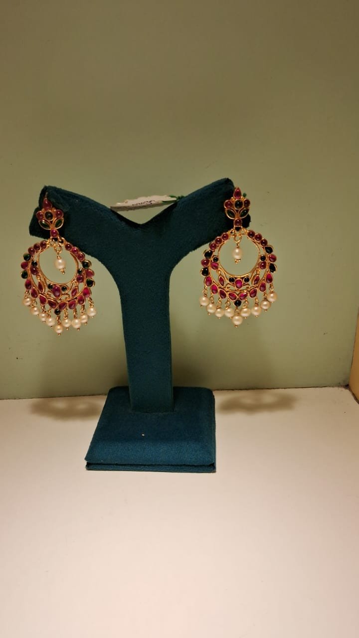 Gold Polish Ruby & Green Pota Chandh Bhali Earrings