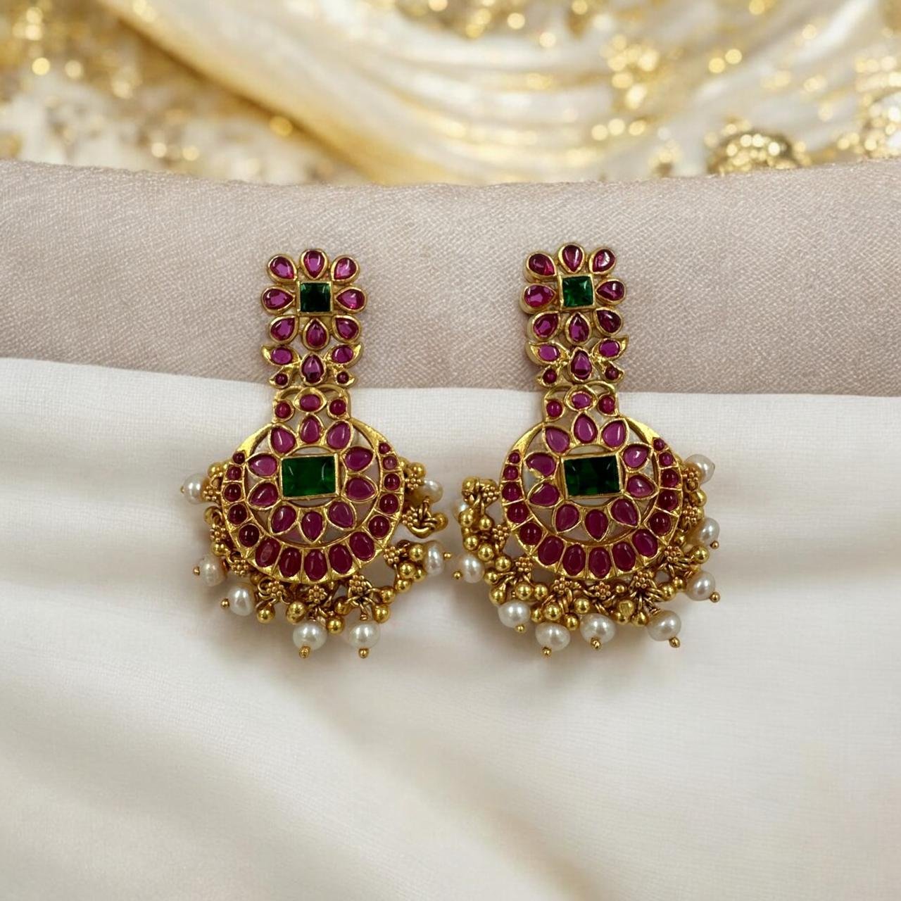 Gold Polish Ruby & Green Stone Chandh Bhali Earrings