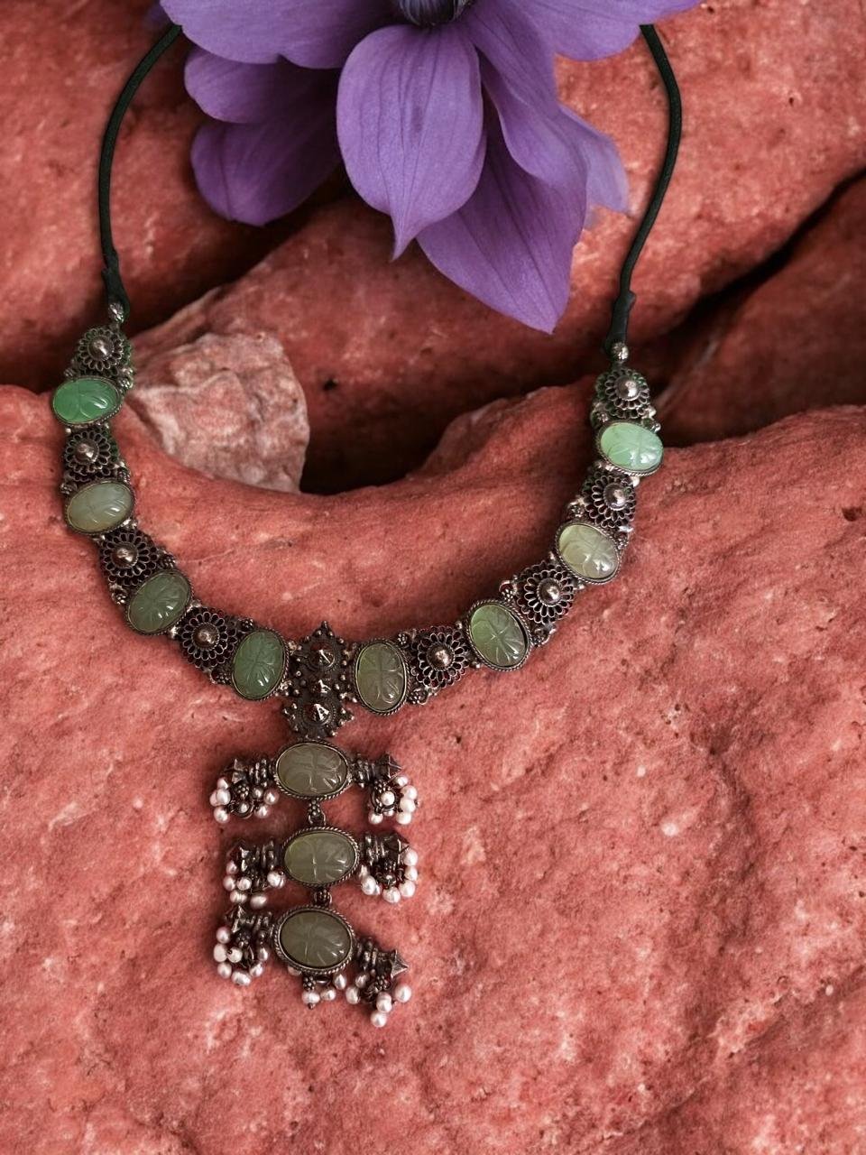 Green Stone & Pearl Oxidized Necklace