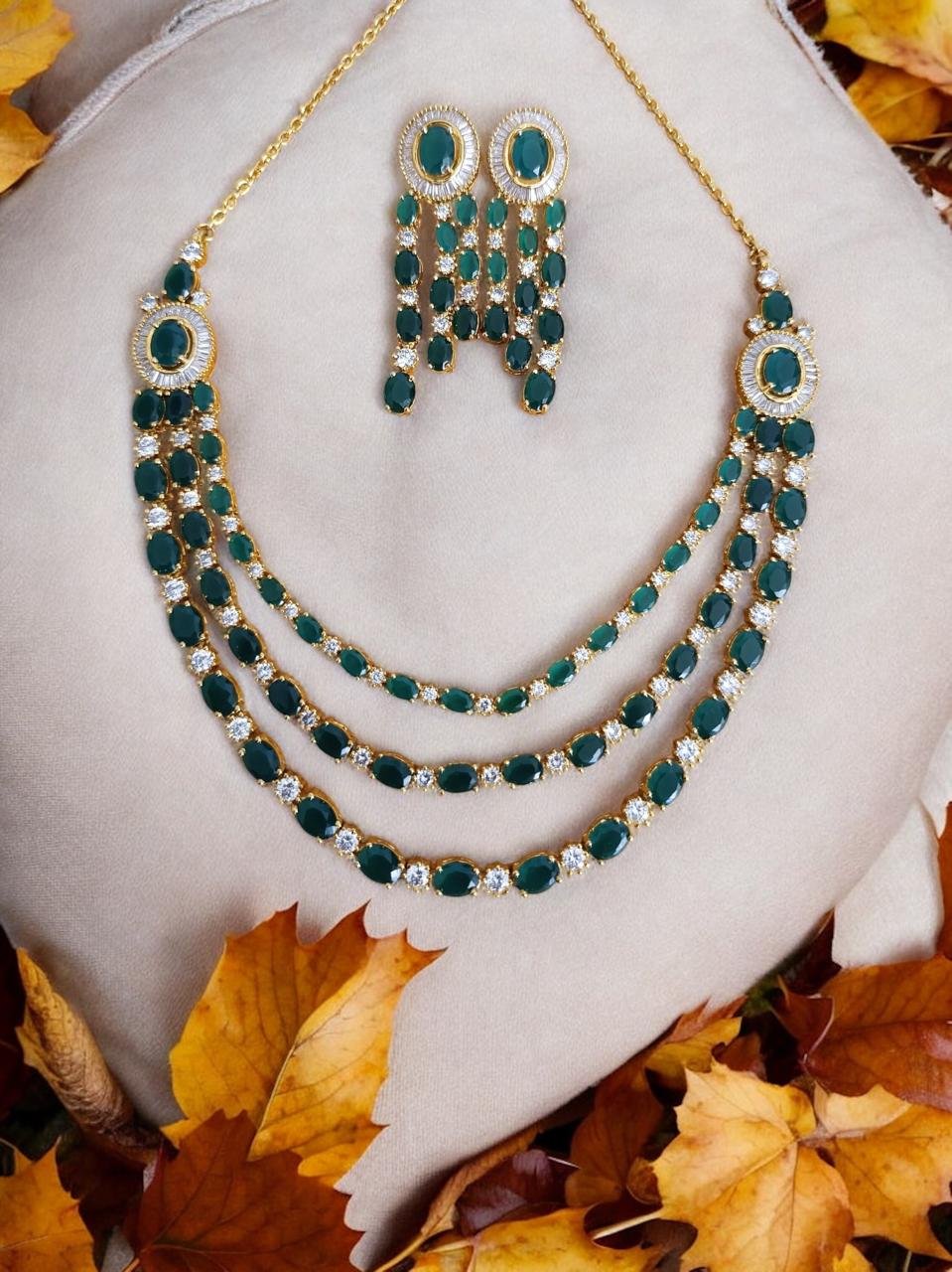 Green & White CZ Gold Polish Necklace Set