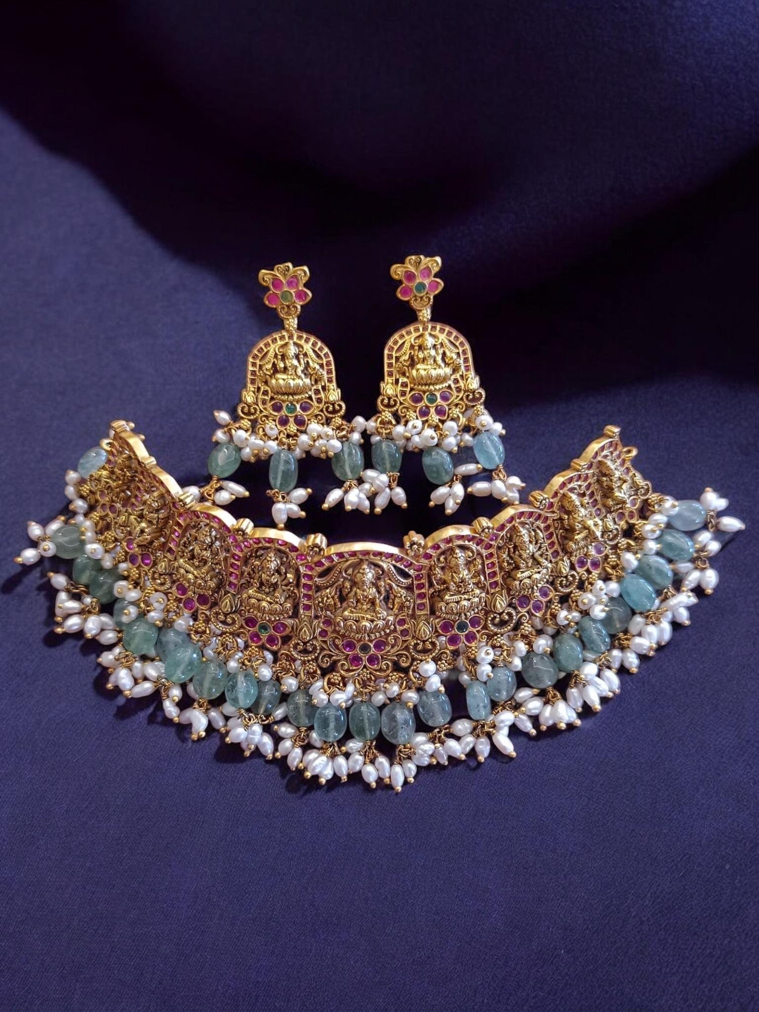 Laxmi design with antique polish emerald pearls hangings chocker