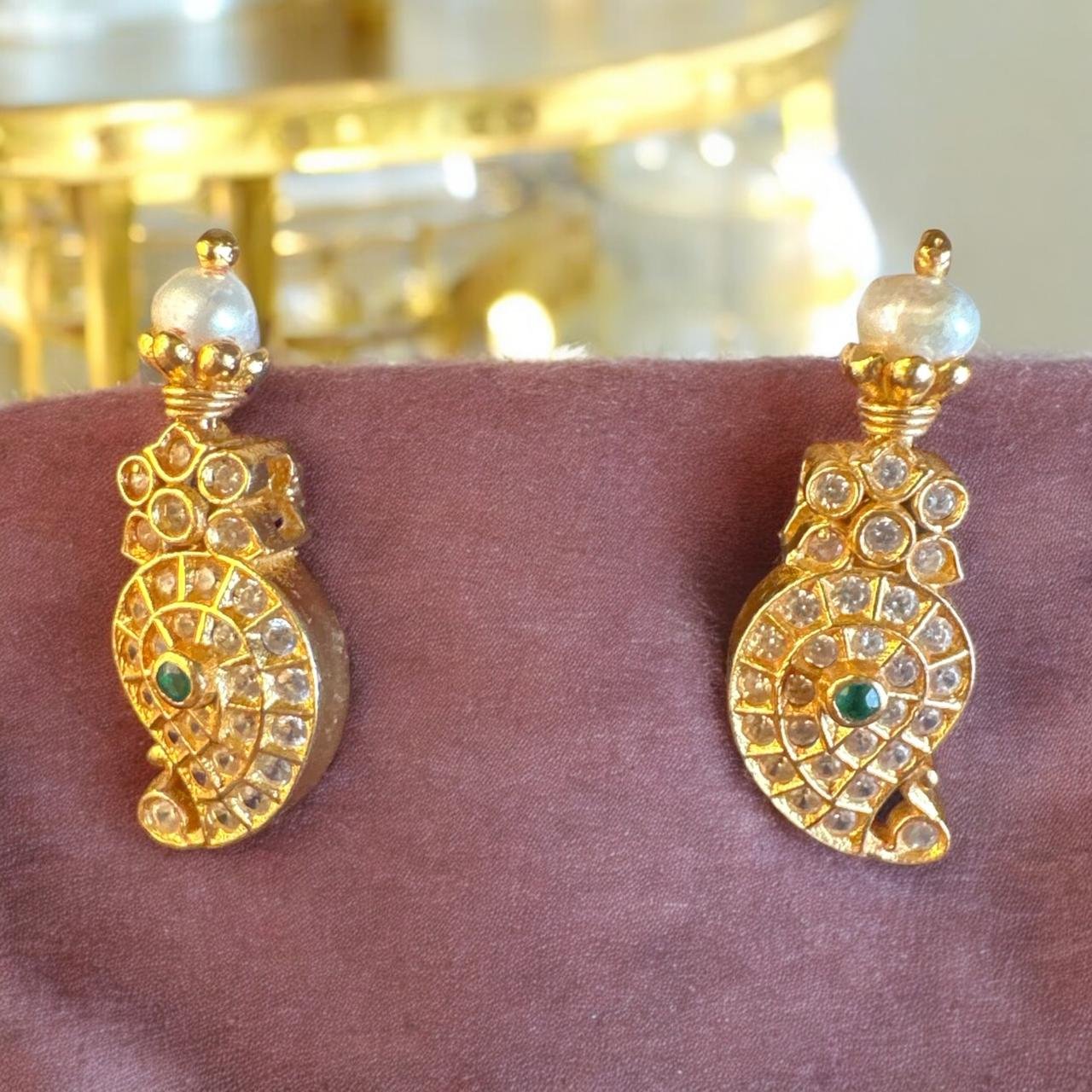 Mango Design CZ & Green Stone Gold Studs