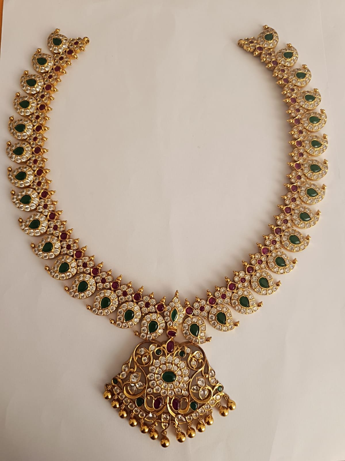 Mango design haram with gold polish cz  white stones and Red and green kundan stones