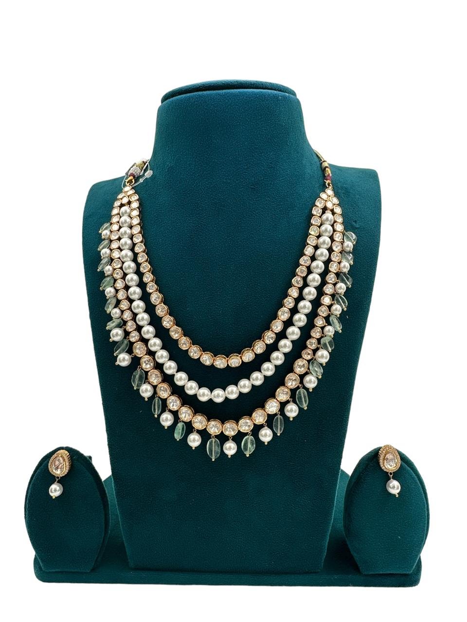 Moissanite 3-Line Pearl Necklace Set