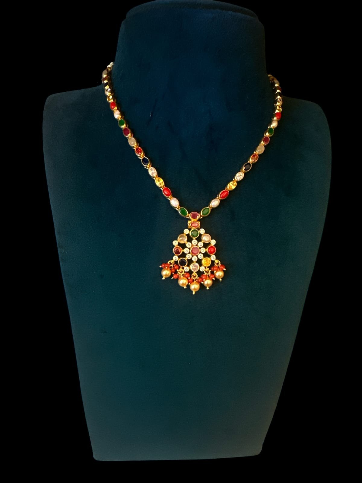 Navaratna & CZ Necklace with Swarovski Pearls