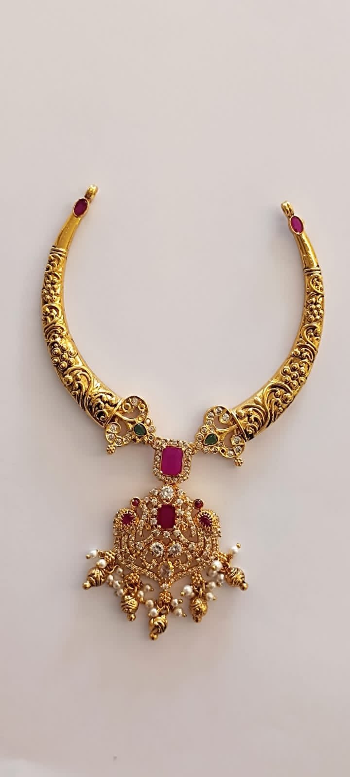 Necklace kantay model, CZ stones, Emral and rubies stones