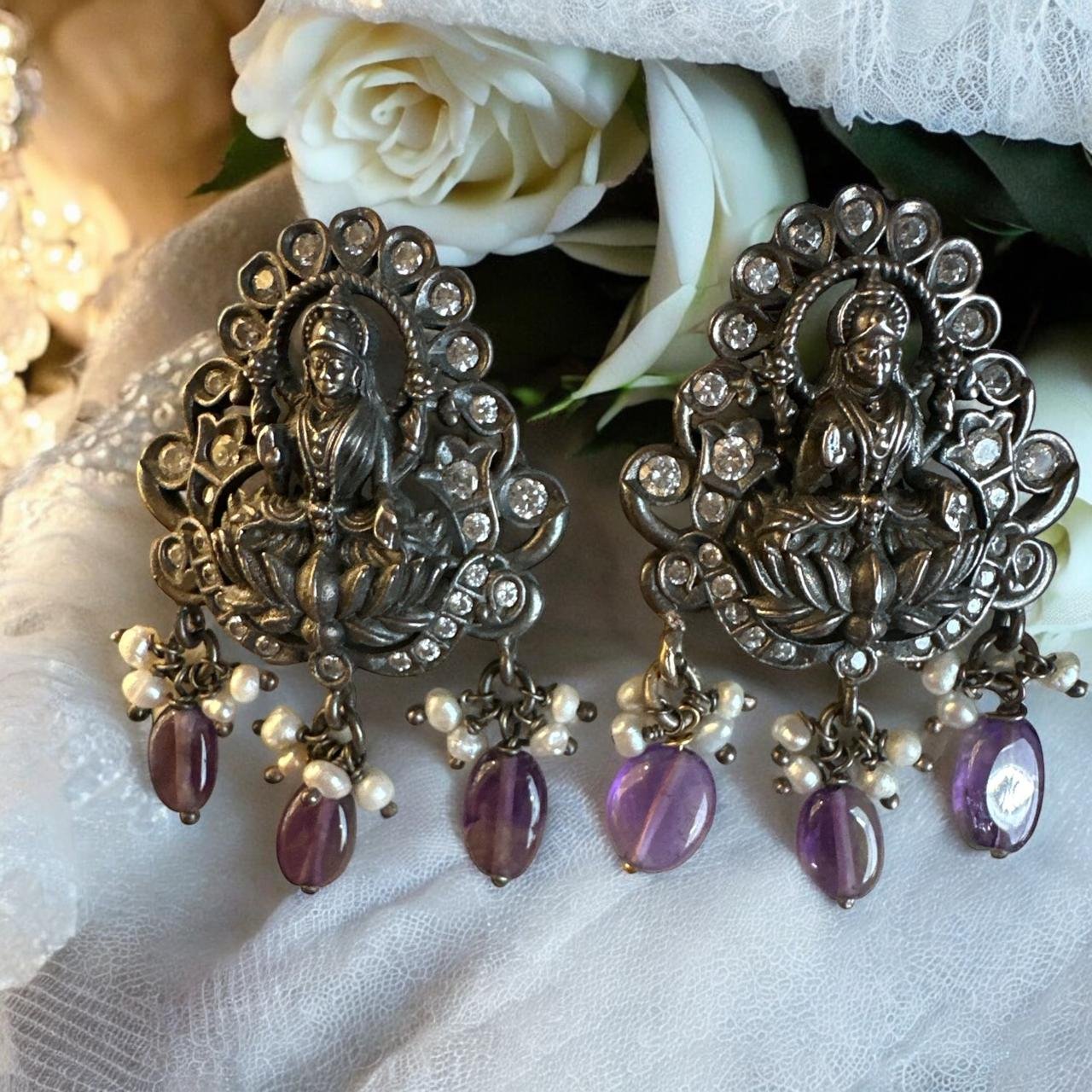 Oxidized CZ & Laxmi Devi Purple Bead Big Studs