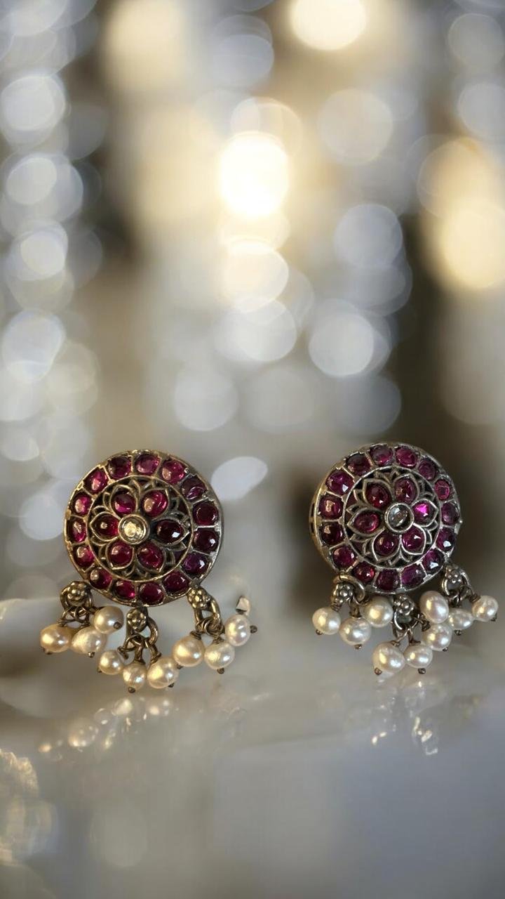 Oxidized Pink Pota Pearl Hanging Studs