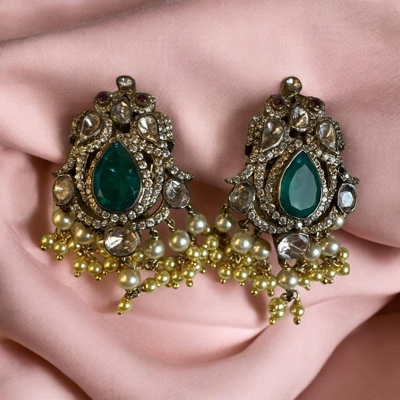 Peacock Design CZ, Pink & Green Mozanite Victoria Studs