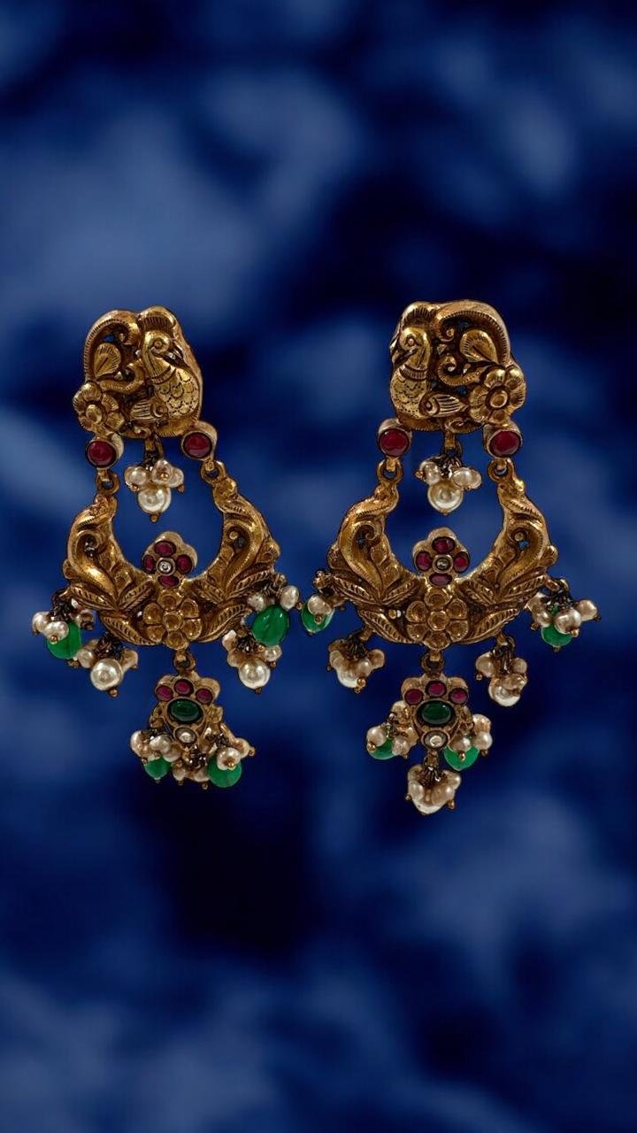 Peacock Design Pink & Green Stone Chandh Bhali Ear Rings