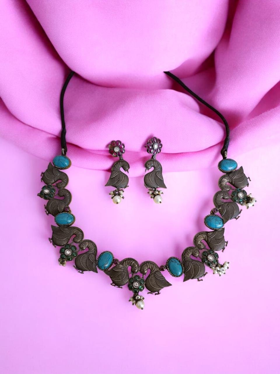 Peacock & Flower Blue Stones Oxidized Necklace