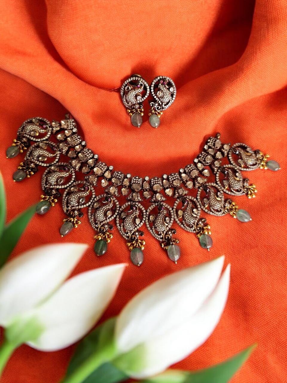 Peacock Mozanite CZ Victoria Polish Necklace Set