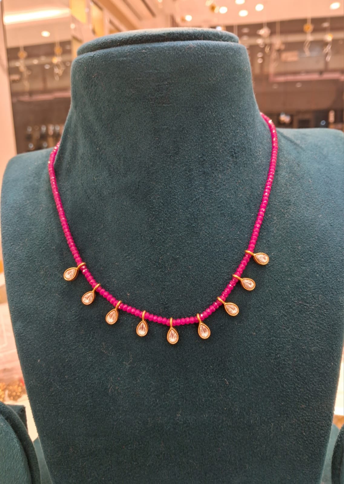 Pink Hydrogen Beads with Moissanite Gold Polish Pendant Beads Chain