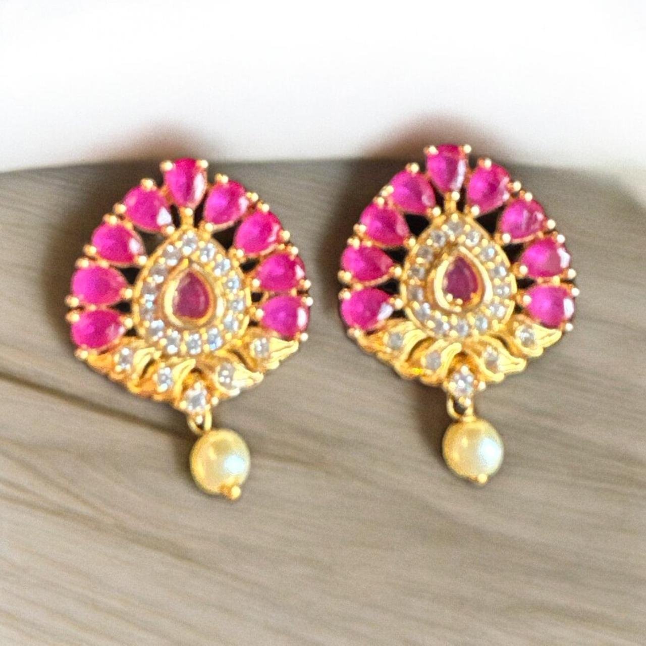 Pink & White CZ Gold Studs
