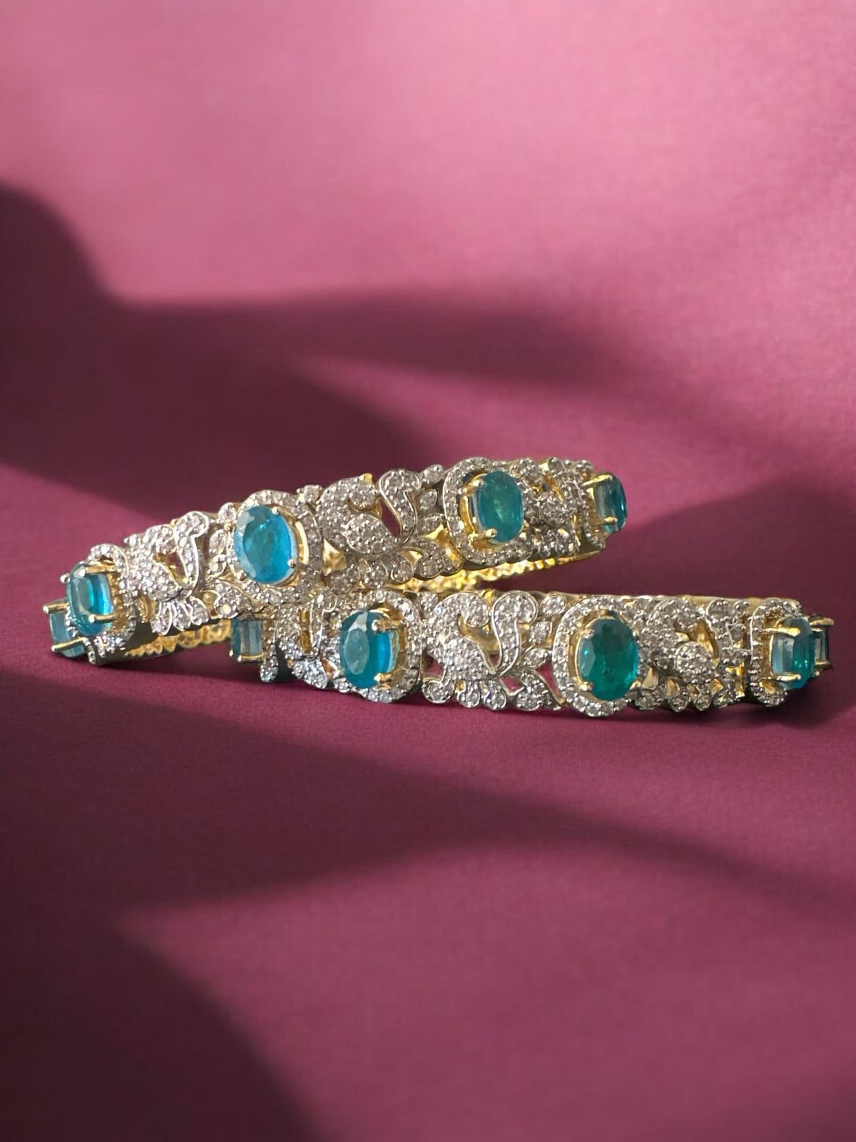 Premium cz green stones peacock design bangle