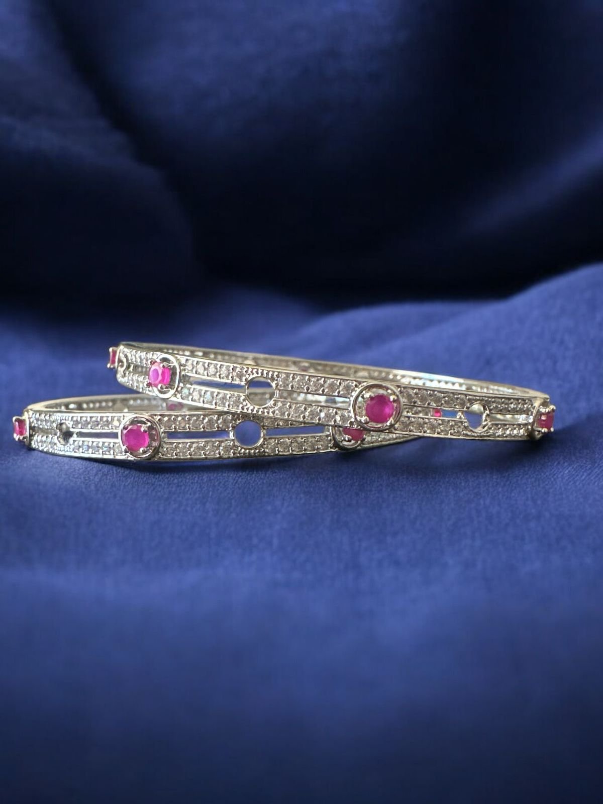 Premium cz pink  stones with silver polish bangle
