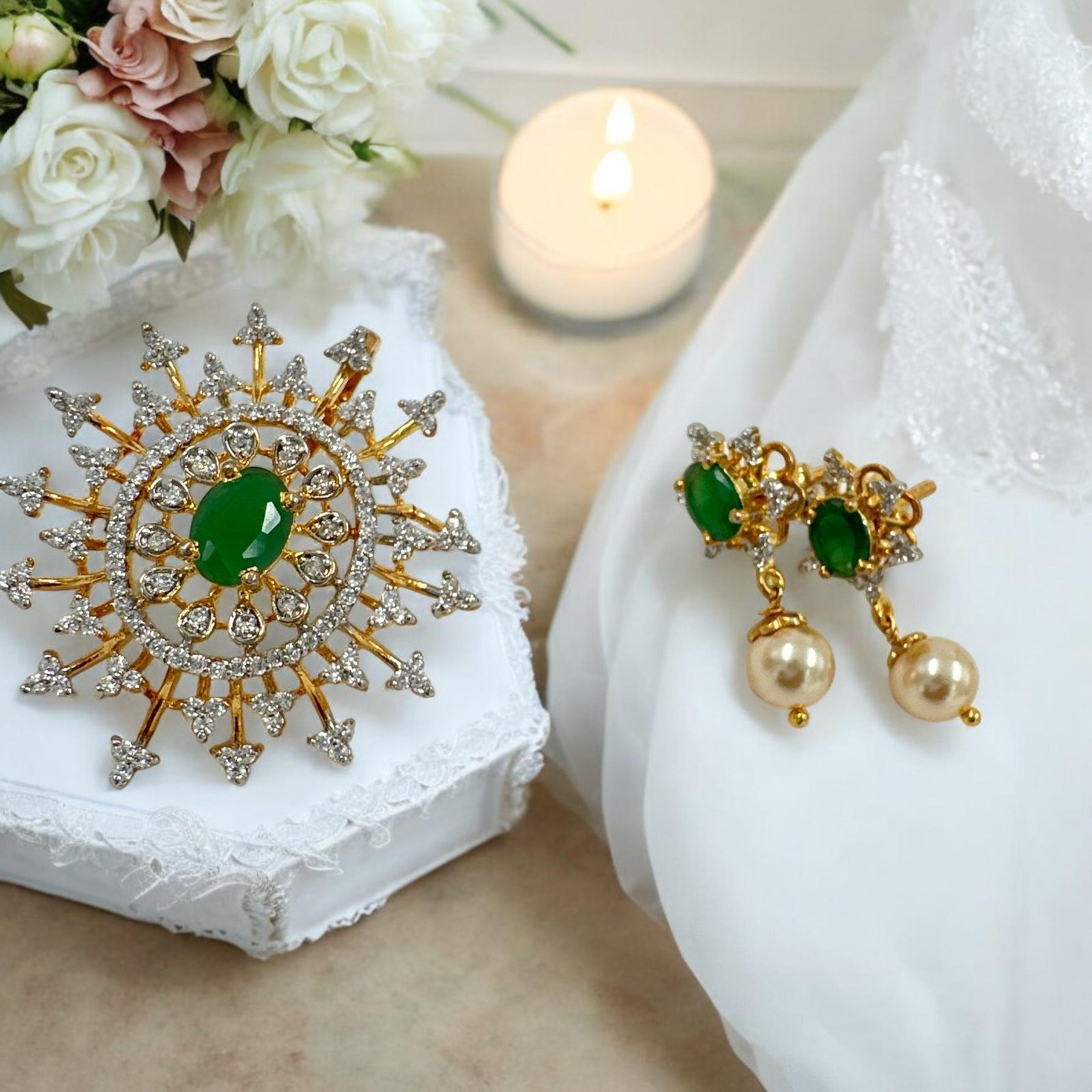 Premium cz stones and green stone with gold polish pendent set
