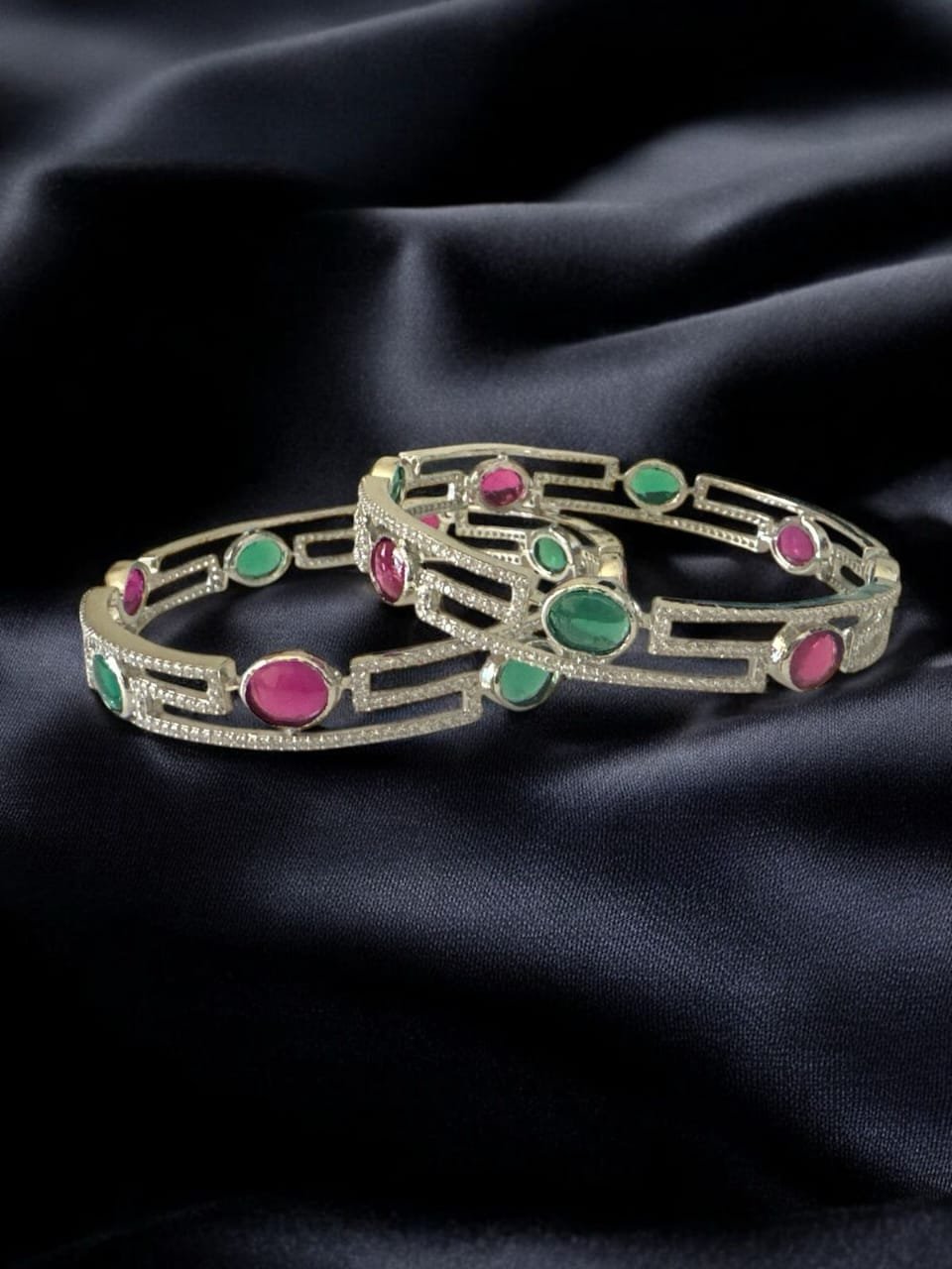 Premium cz stones red and green stones with silver polish bangle