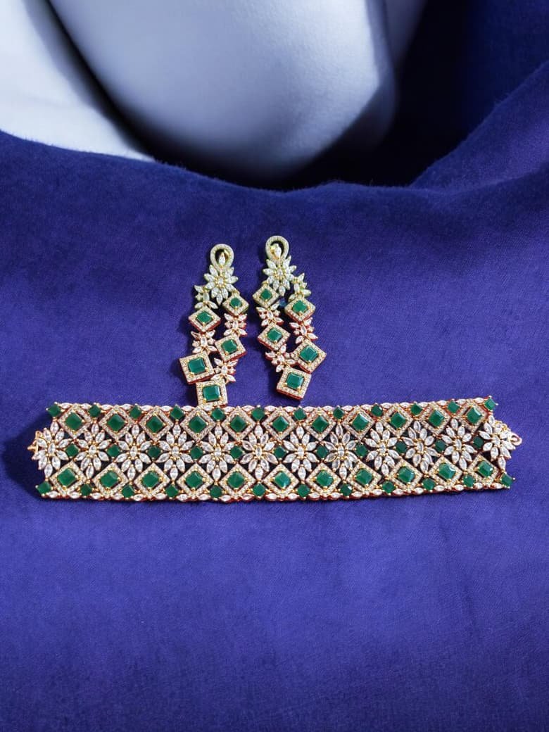 Premium cz stones with green and white stones gold polish choker