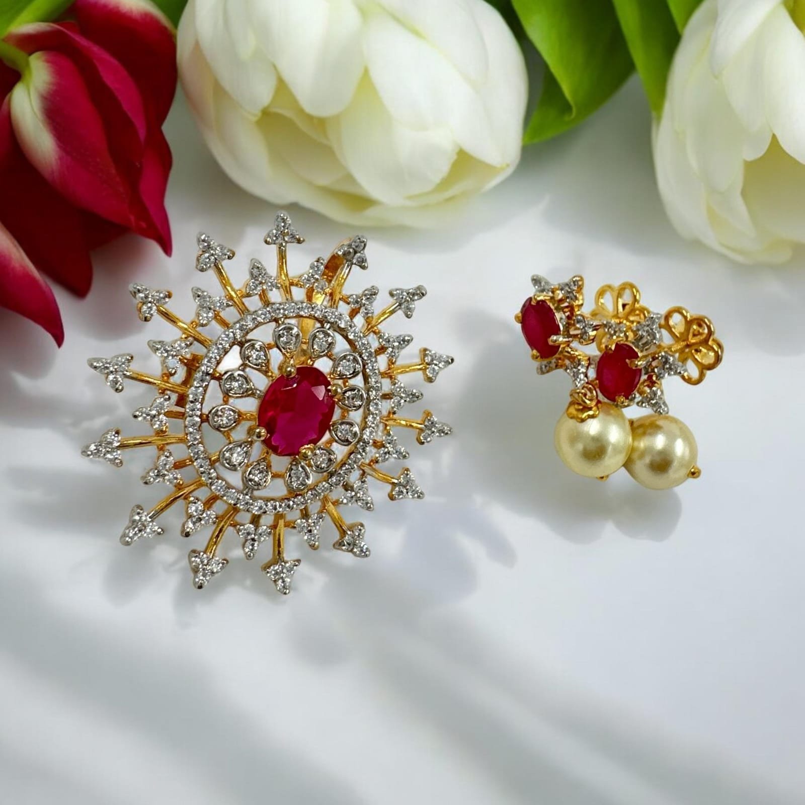 Premium  cz stones  with ruby stone  pendent set