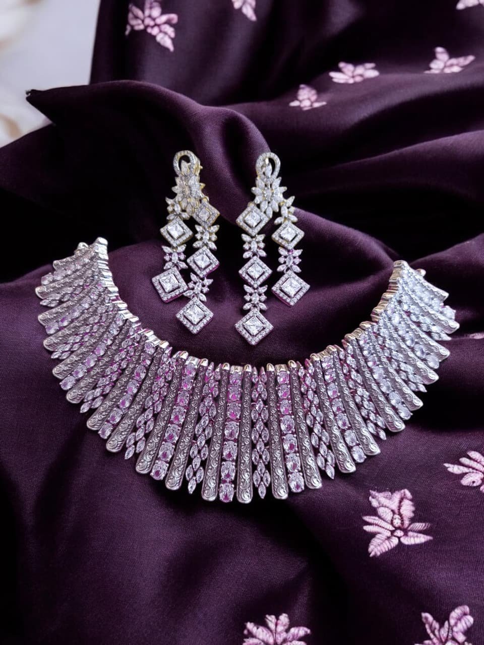 Premium cz stones with silver polish with ear rings choker