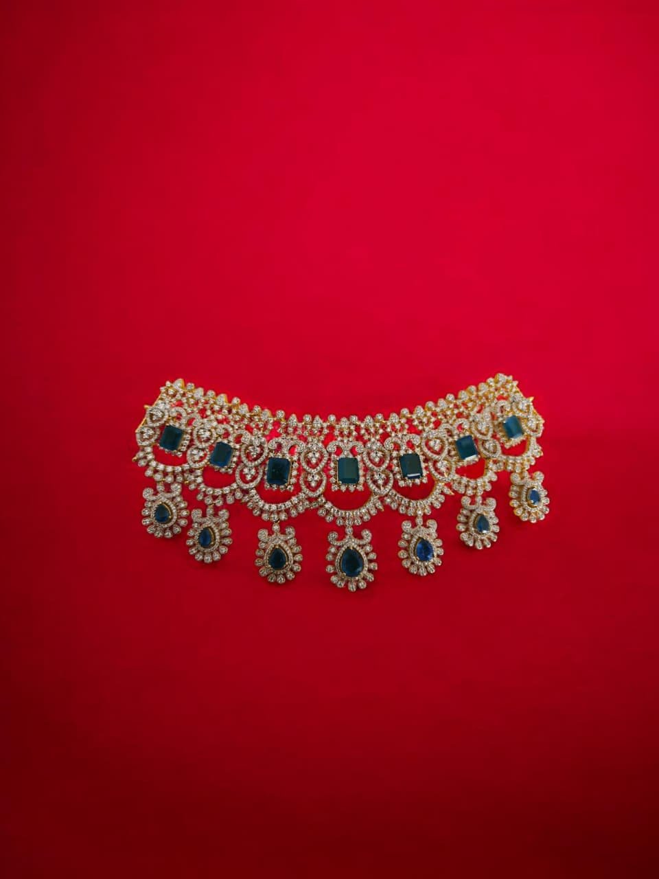 Premium cz white and green stones choker with gold polish