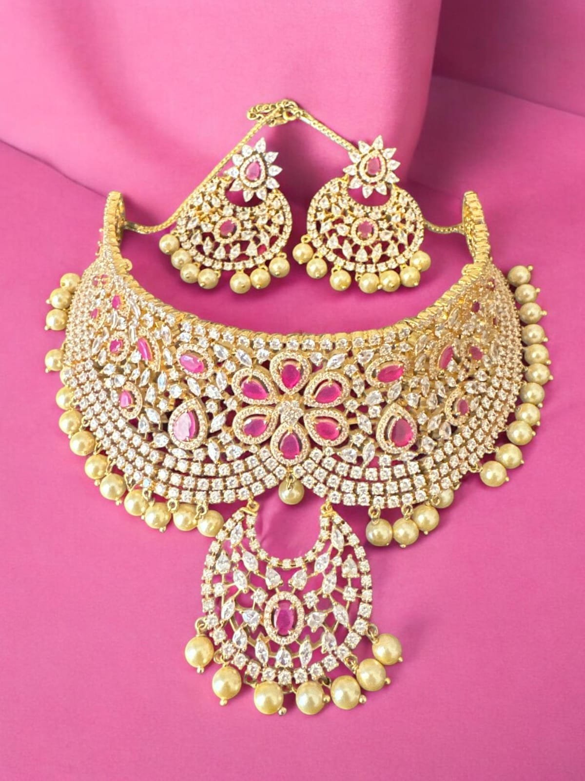 Premium cz white and green stones choker with gold polish